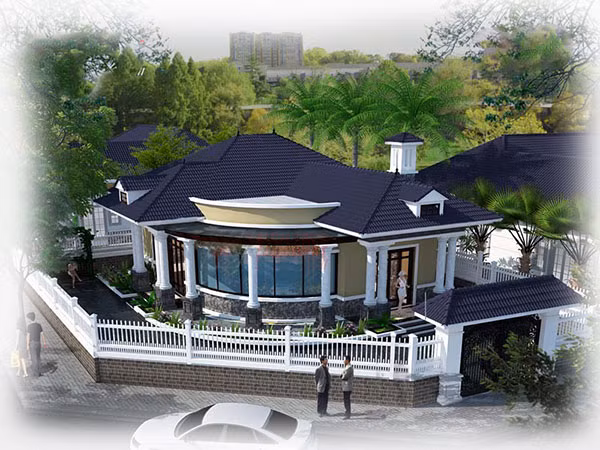 Biệt thự vườn mang hơi hướng kiểu kiến trúc Pháp với mái ngói màu xanh và hàng rào màu trắng. Ảnh: Thietkehomexinh.