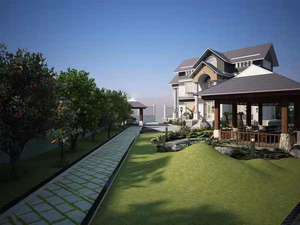 Bên cạnh kiến trúc 2 tầng, căn biệt thự còn đẹp bởi khoảng sân rộng với hàng cây ăn quả dọc theo lối đi. Ảnh: Thietkehomexinh.