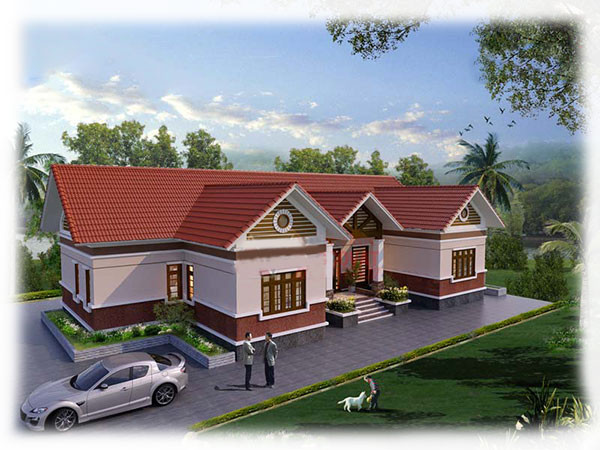 Khoảng sân vườn phía ngoài làm tăng vẻ đẹp cho biệt thự mái ngói 3 phòng ngủ. Ảnh: Thietkehomexinh.