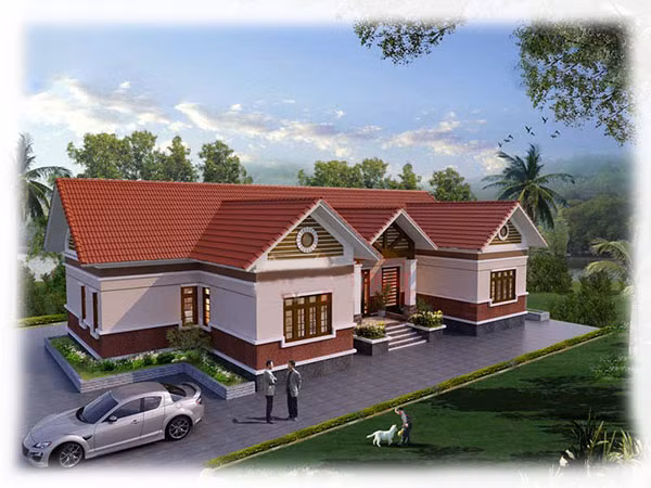 Khoảng sân vườn phía ngoài làm tăng vẻ đẹp cho biệt thự mái ngói 3 phòng ngủ. Ảnh: Thietkehomexinh.