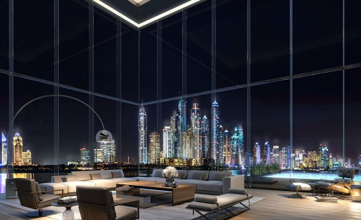 Tháp ONE nằm ở trung tâm của Palm Jumeirah, được cho là khu vực đẹp nhất của Dubai. Penthouse ở đây trị giá 74,5 triệu USD , rộng gần 4.000m2, gồm 8 phòng ngủ và đủ chỗ đậu xe cho 12 chiếc.