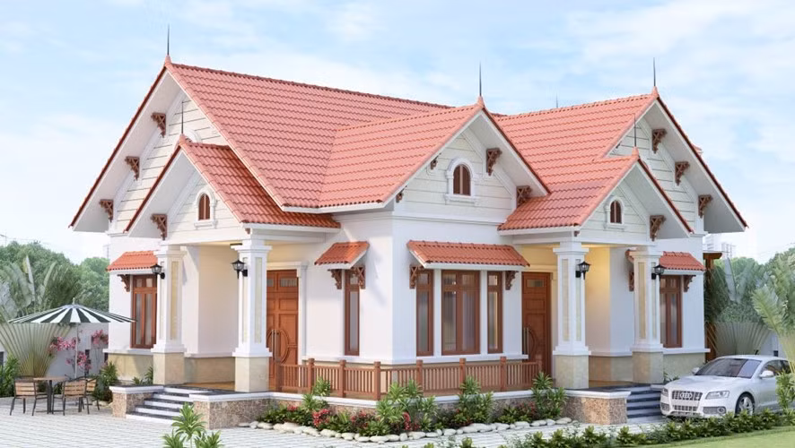 Biệt thự 1 tầng mái dốc với không gian mở rộng và thoáng, có hành lang nghỉ ngơi phía trước tiền sảnh. Ảnh: Avhome.