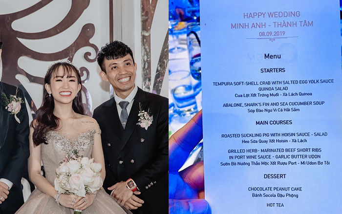 Menu tiệc cưới con gái đại gia Minh Nhựa không quá nhiều món ăn nhưng món nào cũng đều là sơn hào hải vị như: cua lột xốt trứng muối – salad hạt quinoa, súp bào ngư vi cá hải sâm, heo sữa quay xốt hoisin, sườn bò nướng thảo mộc sốt rượu Port (Bồ Đào mỹ tửu), mì Udon bơ tỏi và bánh chocolate đậu phộng. Ảnh: Vnreview.