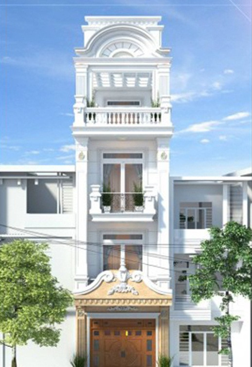 Nhà 4 tầng thiết kế hiện đại với những hình khối đơn giản, vuông vắn, đường nét mạnh mẽ. Ảnh: Arhome.