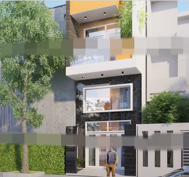 Thiết kế nhà mặt tiền 4m có chừa khoảng sân trước. Cửa chính sử dụng cửa nhựa lõi thép màu trắng có kính cường lực thoáng rộng. Ảnh: Xaydungnhadepmoi.