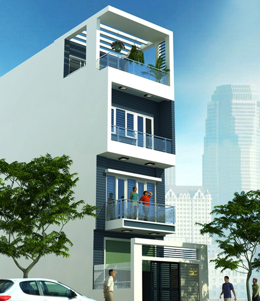 Màu trắng xám được lựa chọn làm tông màu chủ đạo cho nhà phố 4 tầng mái bằng. Ảnh: Arhome.