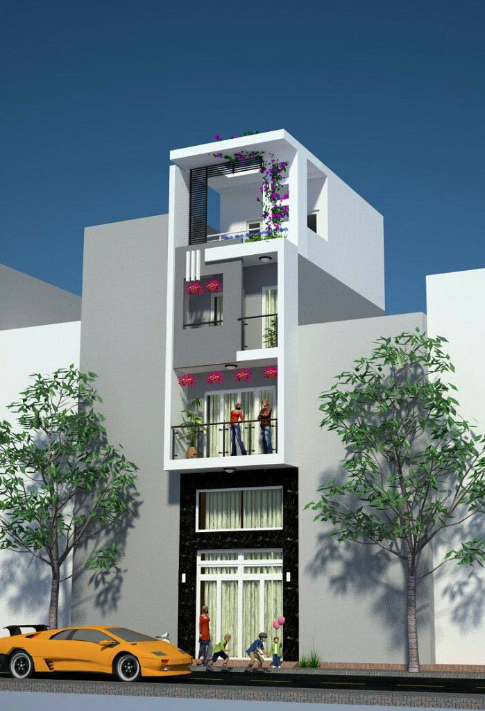 Mang nét đặc trưng của nhà phố, mặt tiền được thiết kế tương đối đơn giản với tầng 1 và lửng cao 5.8m, các tầng trên cao 3.2m, các tầng trên còn được tận dụng ban công nhô ra 1m phía trước. Ảnh: Lenhan.