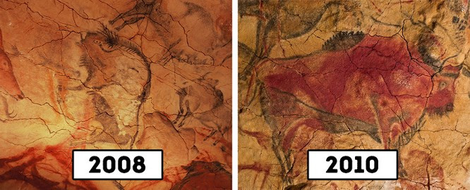 4. Hang động Altamira ở Tây Ban Nha. Hang động này bị đóng cửa đối với du khách vào năm 2002. Lượng khách du lịch lớn khiến các bức tranh nhanh hỏng vì lượng hơi nước và khí carbon dioxide (CO2) trong không khí. Năm 2001, bản sao của hang động đã được xây dựng gần đó cho phép khách du lịch thưởng thức các tác phẩm nghệ thuật như tại hang động thật.