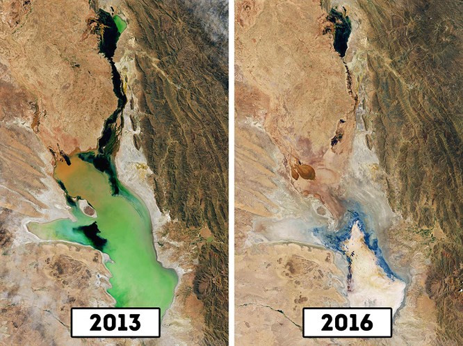 6. Hồ Poopó ở Bolivia. Hồ này đã hoàn toàn cạn kiệt vào năm 2016 do biến đổi khí hậu, sự phát triển nông nghiệp và khai thác gần đó. Đáng chú ý là đây là lần thứ 2 hồ biến mất. Lần đầu tiên là vào năm 1994, sau đó hồ được hồi sinh nhờ những cơn mưa.