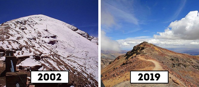 5. Sông băng Chacaltaya ở Bolivia. Sông băng này hình thành từ hơn 18.000 năm trước. Kể từ năm 1980, diện tích sông băng bắt đầu thu hẹp lại và ngày càng suy giảm nhanh chóng. Đến năm 2009, sông băng biến mất hoàn toàn do sự nóng lên toàn cầu.
