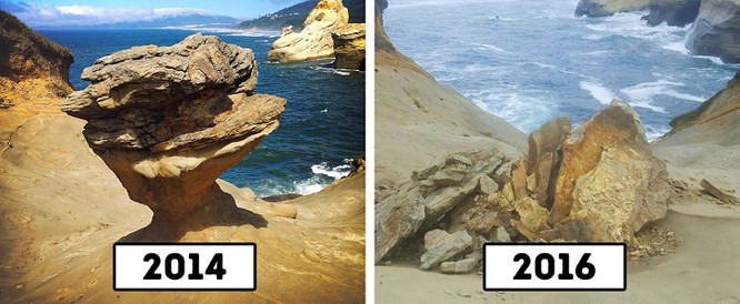 9. Duckbill, Oregon. Tảng đá thiên tạo này là một điểm thu hút khách du lịch cho đến ngày 29 tháng 8 năm 2016. Một nhóm người đã xâm nhập hàng rào và phá hủy trái phép di tích tự nhiên này chỉ vì người bạn của họ đã bị gãy chân ở đó.