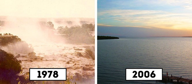 3. Thác Gúaira ở biên giới Brazil-Paraguay. Nơi tuyệt đẹp này trước đây đã từng là một thác nước. Năm 1982, thác nước này ngập chìm trong biển nước của hồ chứa hình thành bởi đập thủy điện Itaipu. Những tảng đá còn lại được phá bằng thuốc nổ.