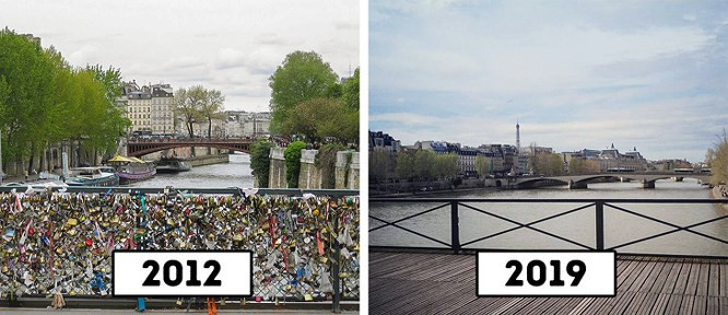 10. Pont des Arts ở Paris. Cây cầu nổi tiếng treo đầy những ổ khóa tình yêu này có tổng trọng lượng lên đến khoảng 45 tấn. Chính phủ lo ngại cây cầu sẽ bị quá tải và mất an toàn, vì thế đã phải tháo hàng chục ngàn ổ khóa và không cho phép mọi người treo khóa lên nữa.