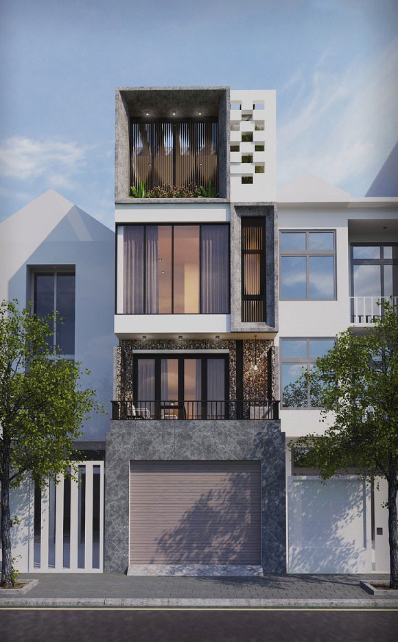 Nhà ống 4 tầng ấn tượng nhờ hình khối vuông vức, khỏe khoắn ngoài mặt tiền. Ảnh: Kientrucroman.