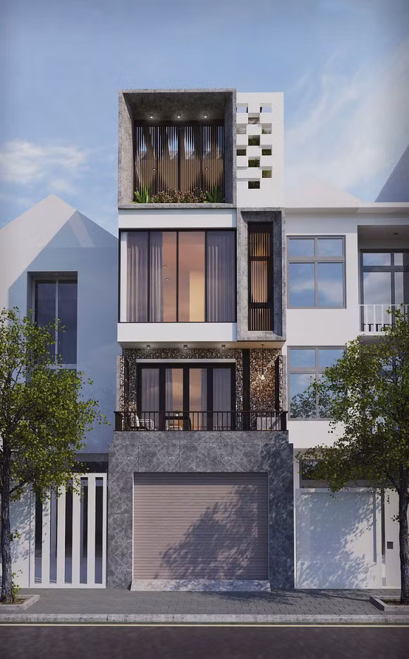 Nhà ống 4 tầng ấn tượng nhờ hình khối vuông vức, khỏe khoắn ngoài mặt tiền. Ảnh: Kientrucroman.