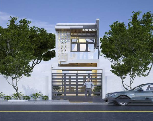 Kiến trúc mái bằng hiện đại cùng mảng tường kính, gạch thông gió mang lại sự thông thoáng tối đa cho không gian. Ảnh: Kientrucroman.