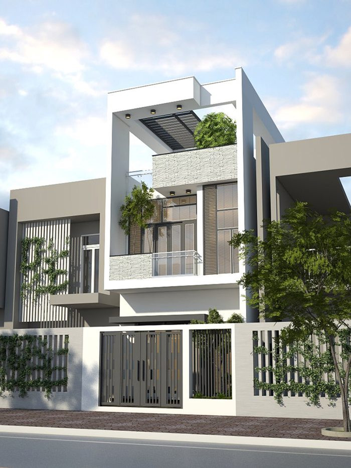 Nhà phố 2 tầng sang trọng kiến trúc hiện đại cùng với thiết kế liên kết tổng thể độc đáo. Sơn nhà màu trắng chủ đạo kết hợp với màu xám đen tạo sự hài hòa đầy ấn tượng. Ảnh: Xaynhasaigon.