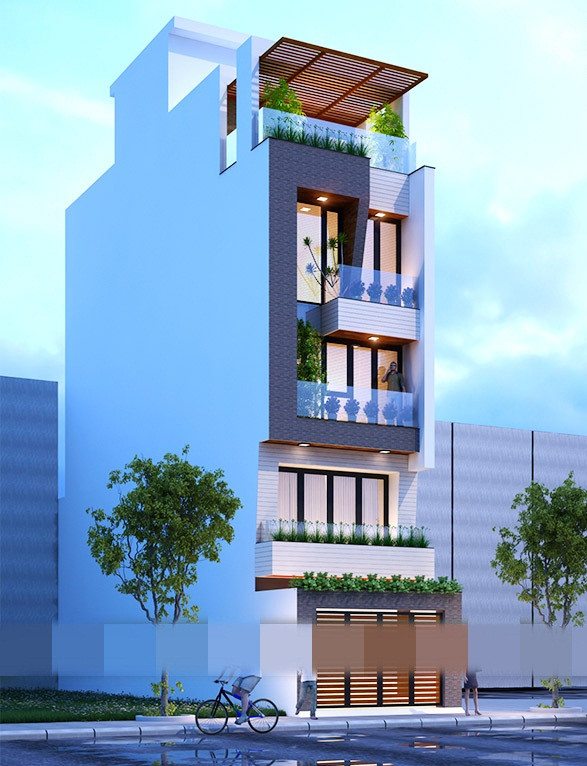 Khối nhà ống 5 tầng nổi bật với kiểu dáng hiện đại, khỏe khoắn. Ảnh: Housevn.