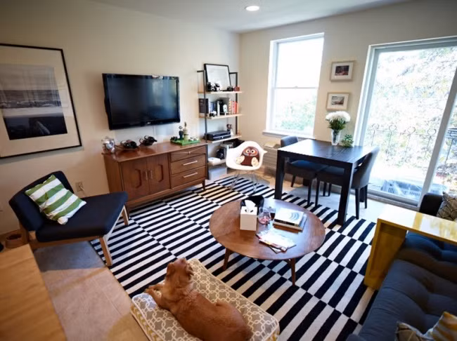 Thảm trải sàn sọc đen có tác dụng kỳ diệu trong việc mở rộng không gian sống.