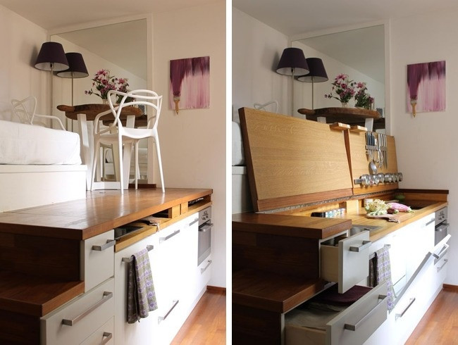 Nội thất đa năng kết hợp cả khu vực bếp và nơi nghỉ ngơi tiết kiệm diện tích tối đa.