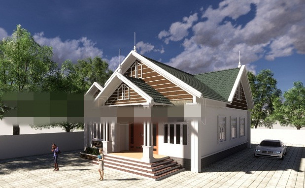 Ngôi nhà nổi bật bởi hệ mái màu xanh và sơn tường màu trắng. Ảnh: Kisato.