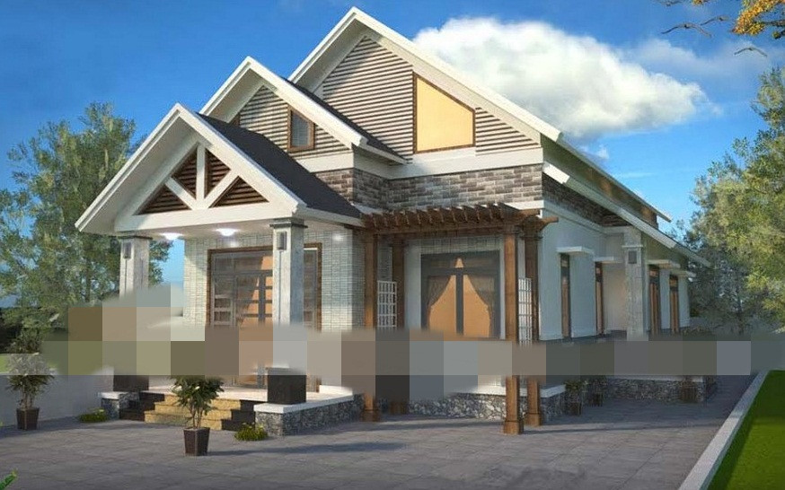 Mặt tiền của ngôi nhà đua ra làm hiên kèm thêm phần mái để giúp cho công trình đẹp hơn và tạo thế đón khách. Ảnh: Vietnamarch.