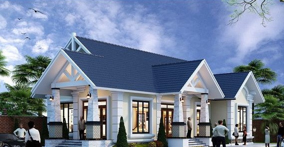 Nhà cấp 4 chữ L 4 phòng ngủ hiện đại, sử dụng cửa khung gỗ kính cường lực. Ảnh: Thietkenhadepmoi.