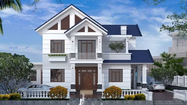 Màu xanh lam kết hợp với gam màu sơn trắng, hệ thống cửa màu vân gỗ đã giúp cho mẫu nhà có sự hòa hợp tuyệt đối. Ảnh: Wedo.