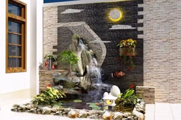 Không chỉ bố trí ở sân vườn, gia chủ có thể đặt hòn non bộ hoặc bể cá dưới gầm cầu thang hoặc khu vực giếng trời.