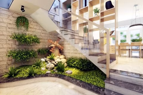 Tiểu cảnh khô là tiểu cảnh được thiết kế dựa trên phong cách đơn giản, vật liệu sử dụng chủ yếu là đá sỏi, cây cảnh và tượng trang trí.