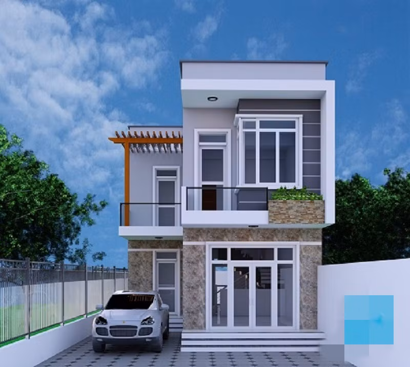 Tận dụng chiều sâu của đất, kiến trúc sư dành diện tích cho sân đằng trước kết hợp chỗ để ô tô và công trình phụ tầng 1. Ảnh: Kientrucso.