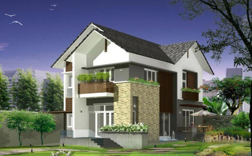 Thiết kế theo kiến trúc biệt thự 2 tầng, mái thái được chia làm 2 phần, mái chính và phụ nhằm mục đích trang trí. Ảnh: Xaydungso.