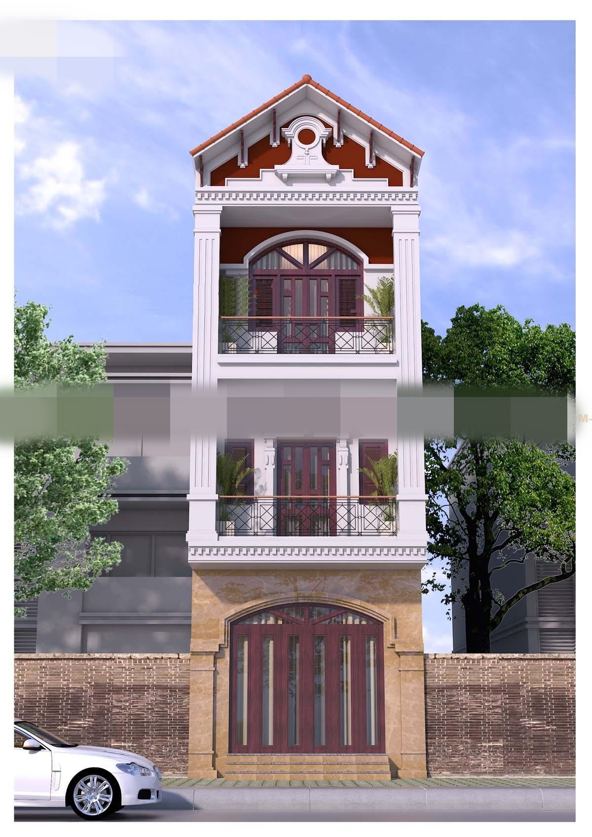 Nhà mái thái ấn tượng với cột nhà vuông khỏe khoắn và lan can sắt họa tiết hình học. Ảnh: Thietkenhadep247.