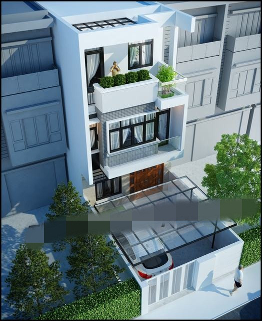 Nhà phố 3 tầng có sân trước rộng 7m, lợp mái che kính sáng thoáng. Ảnh: Thietkenhadepmoi.