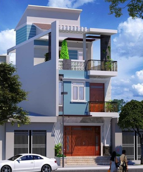 Thiết kế nhà phố 3 tầng theo phong cách hiện đại trẻ trung với gam màu lam nhạt kết hợp với tone trắng giúp kiến trúc trang nhã và hài hòa. Ảnh: Thietkenhadepmoi.