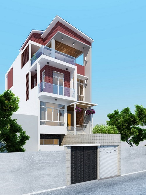 Nhà ống 3 tầng thiết kế hiện đại có một gara ô tô và 1 đường dẫn chính vào phòng khách. Ảnh: Xaydungtrangtrinoithat.