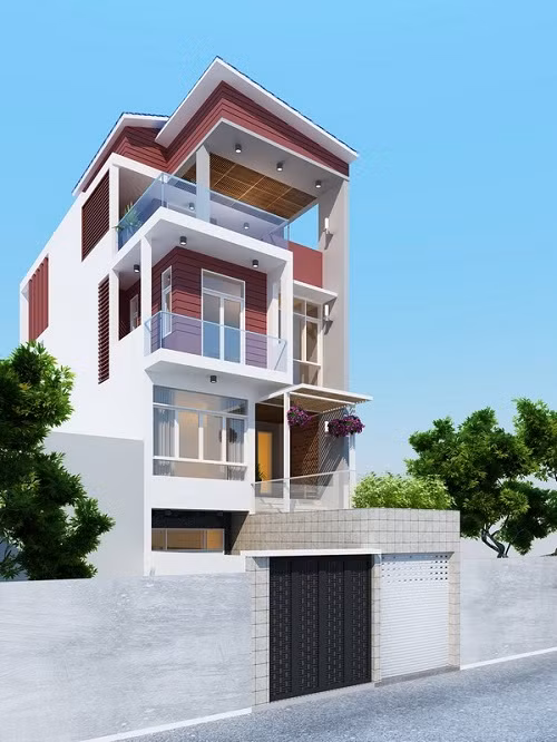 Nhà ống 3 tầng thiết kế hiện đại có một gara ô tô và 1 đường dẫn chính vào phòng khách. Ảnh: Xaydungtrangtrinoithat.