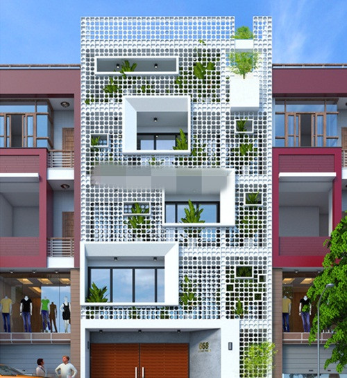 Nhà phố 6 tầng mặt tiền hướng Tây theo phong cách hiện đại. Ảnh: Nhatranh.