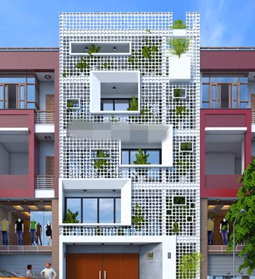 Nhà phố 6 tầng mặt tiền hướng Tây theo phong cách hiện đại. Ảnh: Nhatranh.