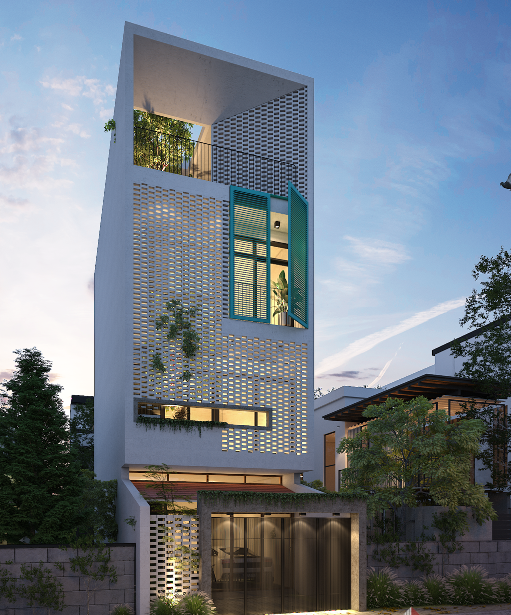 Để khắc phục nhược điểm nằm ở hướng Tây, kiến trúc sư chọn giải pháp gạch lỗ cho mặt tiền. Ảnh: Kientrucmoi.