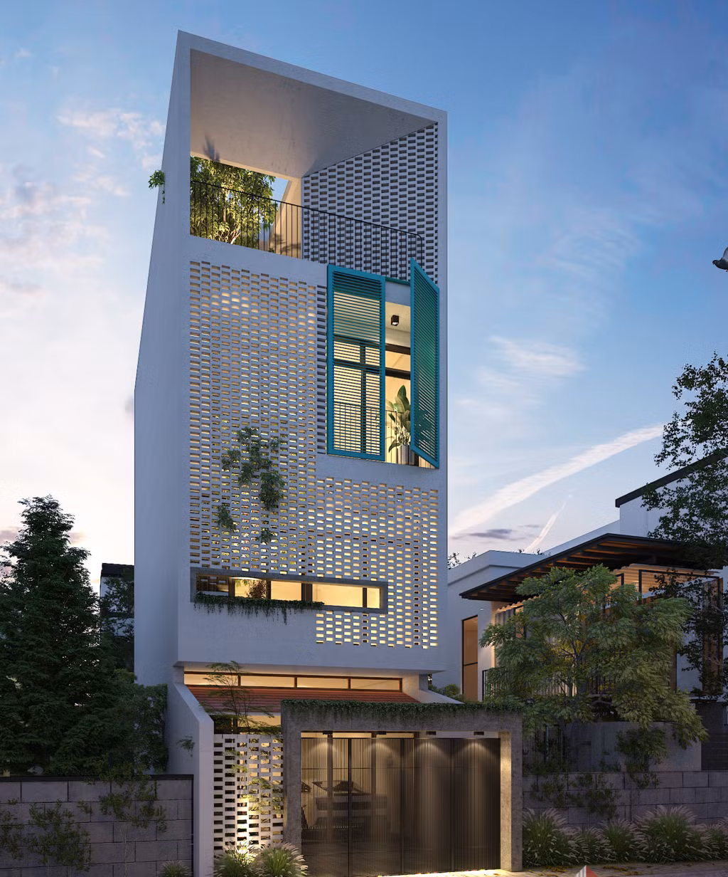 Để khắc phục nhược điểm nằm ở hướng Tây, kiến trúc sư chọn giải pháp gạch lỗ cho mặt tiền. Ảnh: Kientrucmoi.