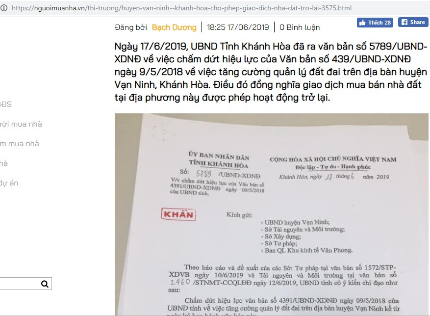 Văn bản khẩn của chủ tịch UBND Khánh Hòa cho phép chuyển nhượng đất tại huyện Vạn Ninh trở lại. Ảnh chụp màn hình.