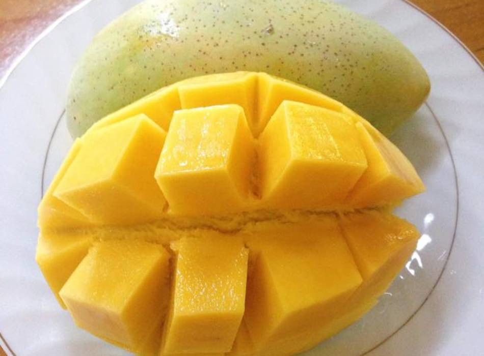 Khi chín vỏ xoài màu vàng tươi, phủ lớp phấn trắng mịn, có đốm nhỏ, màu nâu đen, đốm dạng tròn; thịt quả màu vàng tươi, dày, độ chắc thịt cao, mịn, dẻo, ít xơ. Ảnh: Vuitour.