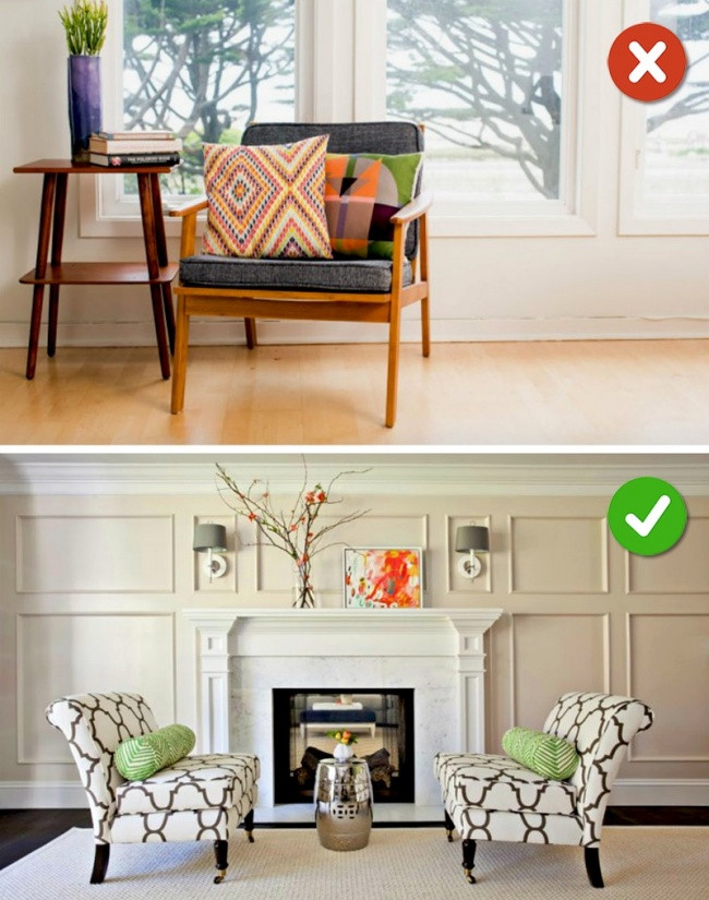 Đồ đạc đẹp không có nghĩa là phù hợp với căn phòng của bạn. Nếu sắp xếp theo sở thích thì bạn hãy xem xét chắc chắn những món đồ đó kết hợp phải phù hợp với phòng khách.