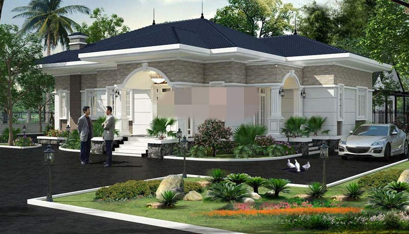 Nhà 1 tầng mái thái phong cách tân cổ điển thể hiện khá rõ qua tính đối xứng, hàng cột, chi tiết hoa văn, phào chỉ...Ảnh: Angcovat.