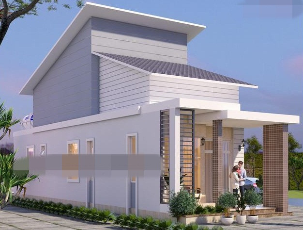  Nhà cấp 4 trẻ trung có sân vườn rộng, mái lệch so le trước sau khác biệt. Ảnh: Thietkenhadepmoi.