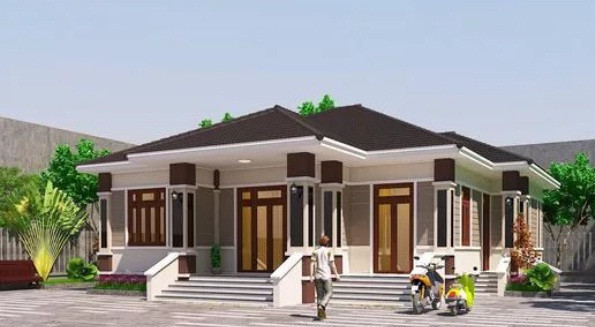 Nhà cấp 4 dựa theo kiến trúc biệt thự gồm 3 phòng ngủ 1 phòng thờ có không gian rộng rãi. Ảnh: Thietkenhadepmoi.