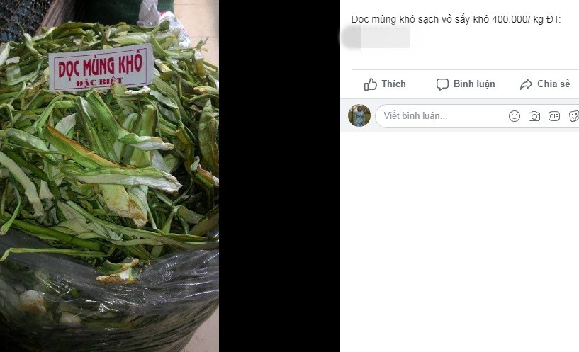 Tuy nhiên, dọc mùng sau khi sấy khô có giá bán dao động từ 350.000 - 400.000 đồng/kg. Ảnh chụp màn hình Facebook.