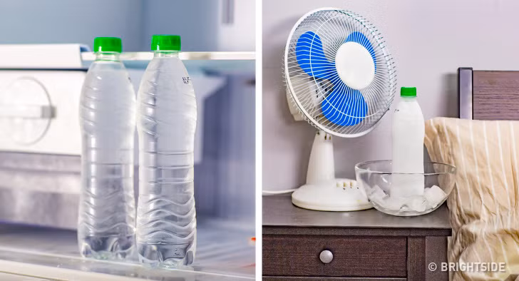 Đặt một vài chai nước đá hoặc vài thùng đá ở phía trước quạt máy. Việc làm nhỏ này sẽ giúp không khí mát mẻ được thổi khắp căn phòng.