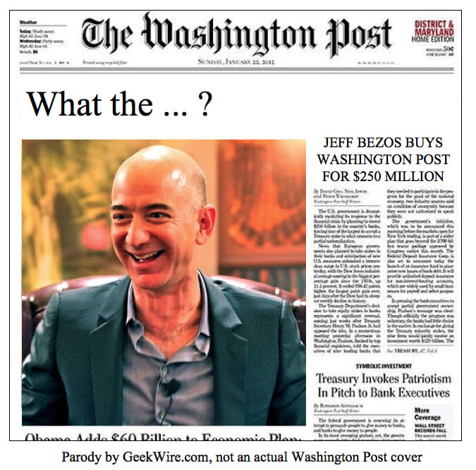 8. Tòa báo Washington Post – Jeff Bezos. Chi phí: 250 triệu USD (gần 6000 tỷ VND). Tờ Washington Post vốn tai tiếng về những khoe khoang, là tờ báo chuyên hạ bệ tổng thống. Tờ báo này từng được điều hành bởi gia đình Graham trong 80 năm. Vào năm 2013, nhà sáng lập Amazon đã mua một trong những ấn phẩm báo chí có ảnh hưởng nhất thế giới với giá 250 triệu USD, theo Tạp chí Phố Wall.